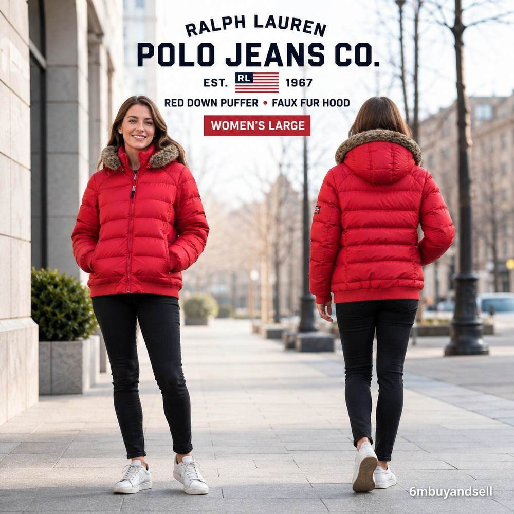 Ralph Lauren Polo Jeans Co Red Down Puffer Jacket Faux Fur Hood Womens Large